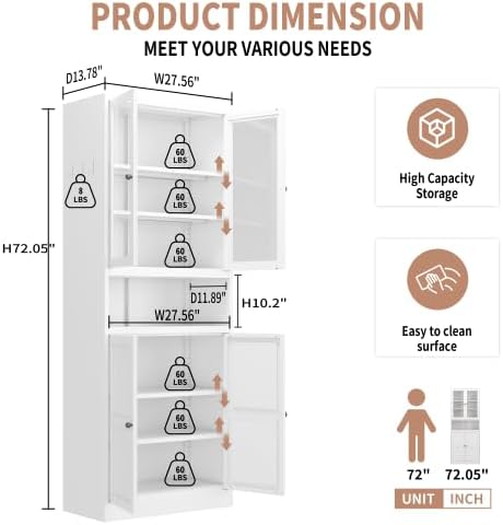 72'' Storage Cabinet, 4 Adjustable Shelves Kitchen Pantry with 2 Glass Doors, Tall White Metal Storage Cabinet with External Hooks, Modern Heavy-Duty Pantry for Kitchen Living Room
