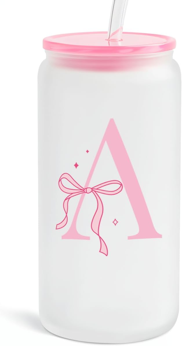 SANDJEST Monogrammed Glass Drinking Can Cup with Acrylic Lid and Straw, Personalized Frosted Iced Coffee Tumbler 16oz, Monogram Initial Gifts for Women Girls on Birthday (A)