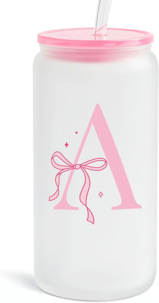 SANDJEST Monogrammed Glass Drinking Can Cup with Acrylic Lid and Straw, Personalized Frosted Iced Coffee Tumbler 16oz, Monogram Initial Gifts for Women Girls on Birthday (A)