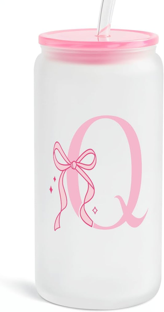 SANDJEST Monogrammed Glass Drinking Can Cup with Acrylic Lid and Straw, Personalized Frosted Iced Coffee Tumbler 16oz, Monogram Initial Gifts for Women Girls on Birthday (Q)