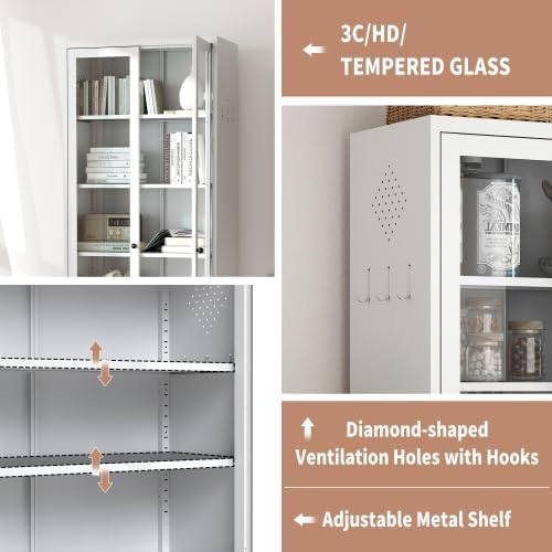 72'' Storage Cabinet, 5 Adjustable Shelves Kitchen Pantry with 2 Glass Doors, Tall White Metal Storage Cabinet with External Hooks, Freestanding Heavy-Duty Pantry for Kitchen