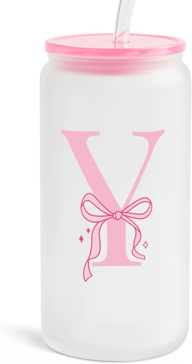 SANDJEST Monogrammed Glass Drinking Can Cup with Acrylic Lid and Straw, Personalized Frosted Iced Coffee Tumbler 16oz, Monogram Initial Gifts for Women Girls on Birthday (Y)