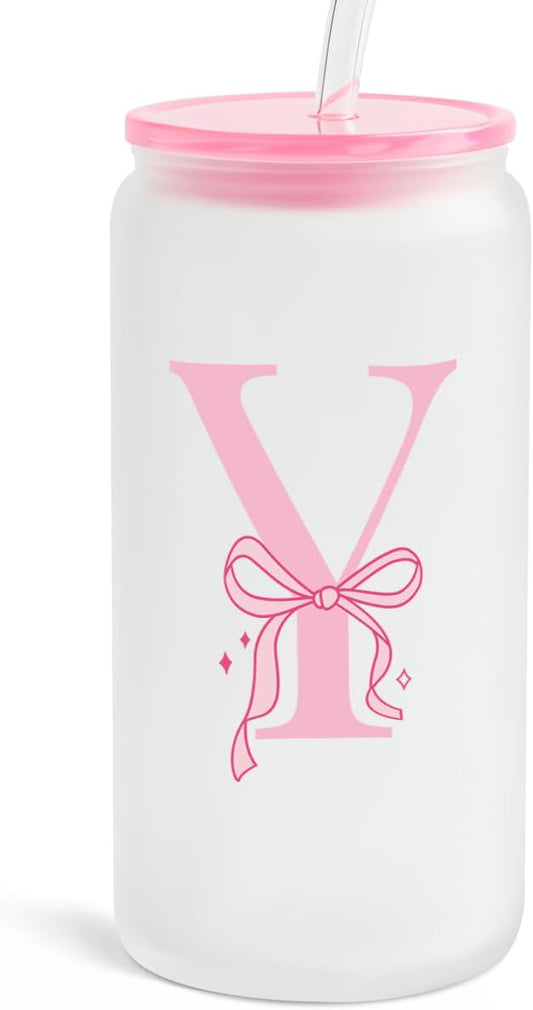 SANDJEST Monogrammed Glass Drinking Can Cup with Acrylic Lid and Straw, Personalized Frosted Iced Coffee Tumbler 16oz, Monogram Initial Gifts for Women Girls on Birthday (Y)