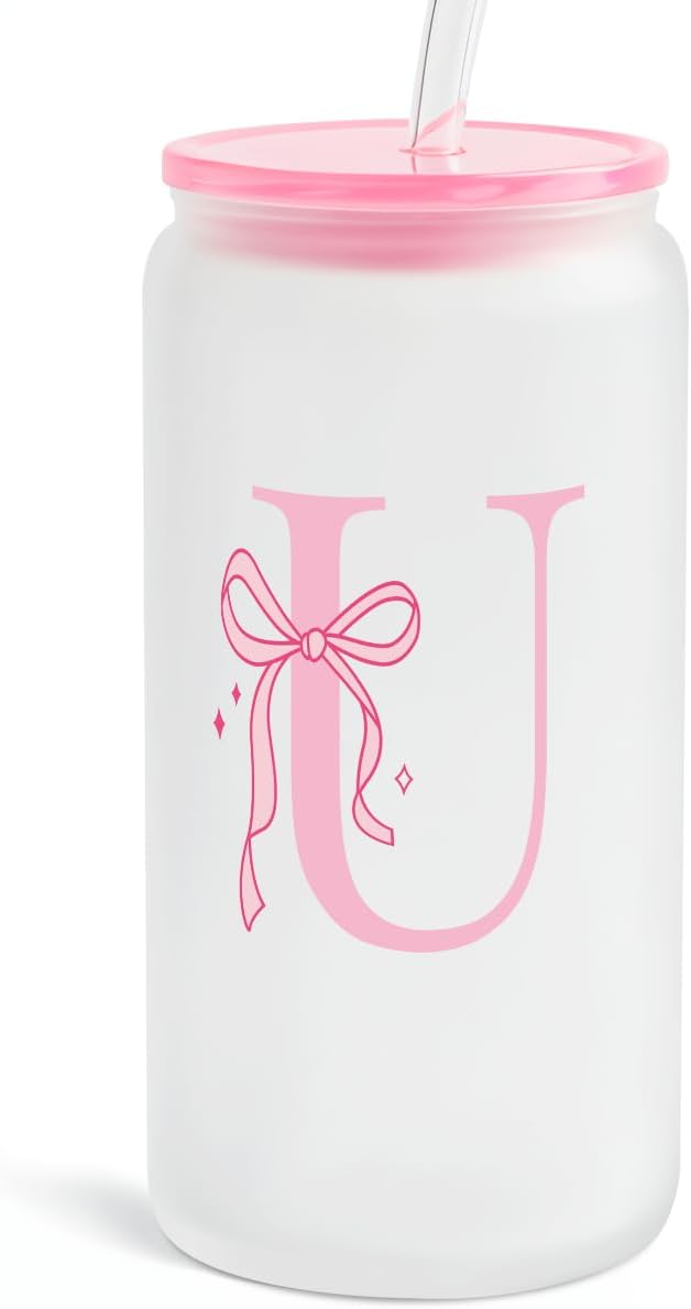 SANDJEST Monogrammed Glass Drinking Can Cup with Acrylic Lid and Straw, Personalized Frosted Iced Coffee Tumbler 16oz, Monogram Initial Gifts for Women Girls on Birthday (U)