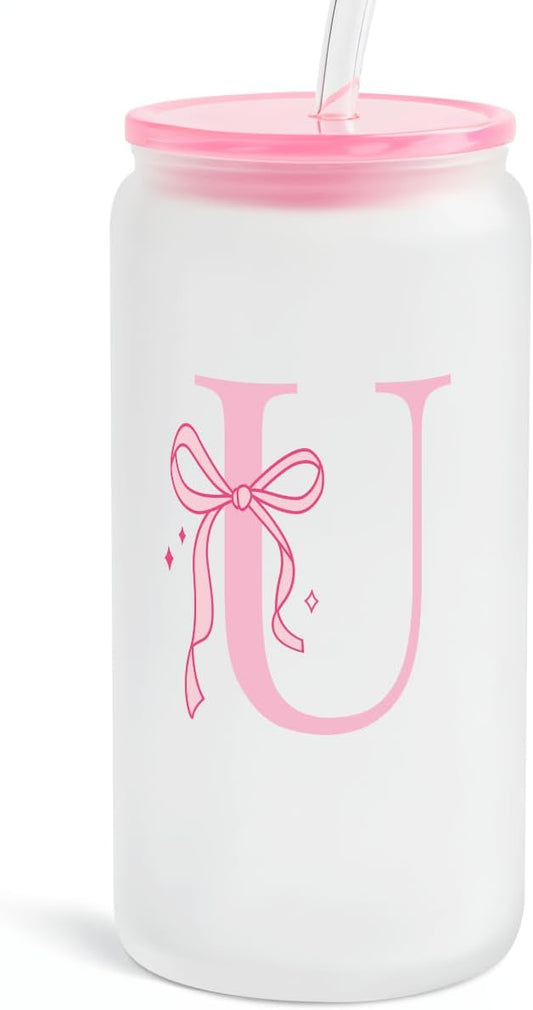 SANDJEST Monogrammed Glass Drinking Can Cup with Acrylic Lid and Straw, Personalized Frosted Iced Coffee Tumbler 16oz, Monogram Initial Gifts for Women Girls on Birthday (U)