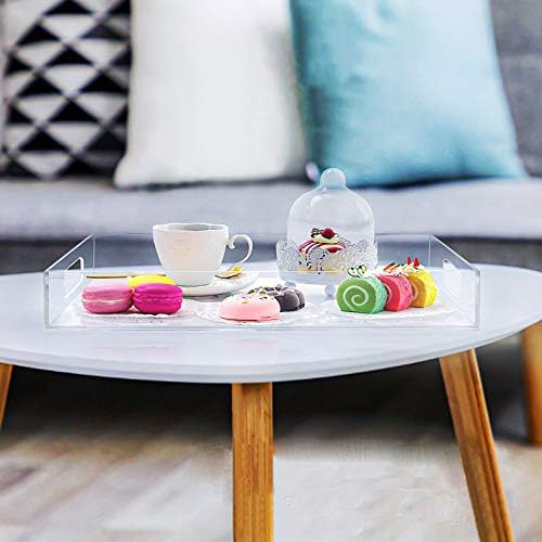 Durable Rectangular Breakfast Serving Tray - 5MM Thick Waterproof Acrylic Serving Platter with Handles for Coffee, Tea, Food - Elegant Decorative Tray (Clear Tray-16''x12'')