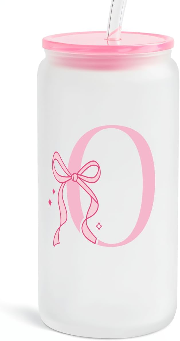 SANDJEST Monogrammed Glass Drinking Can Cup with Acrylic Lid and Straw, Personalized Frosted Iced Coffee Tumbler 16oz, Monogram Initial Gifts for Women Girls on Birthday (O)