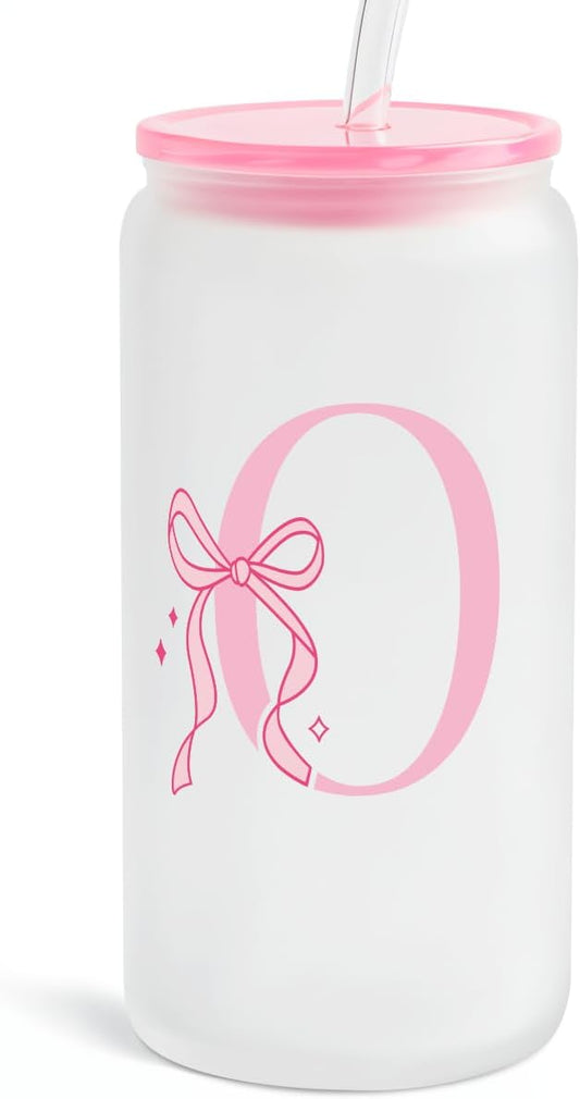 SANDJEST Monogrammed Glass Drinking Can Cup with Acrylic Lid and Straw, Personalized Frosted Iced Coffee Tumbler 16oz, Monogram Initial Gifts for Women Girls on Birthday (O)