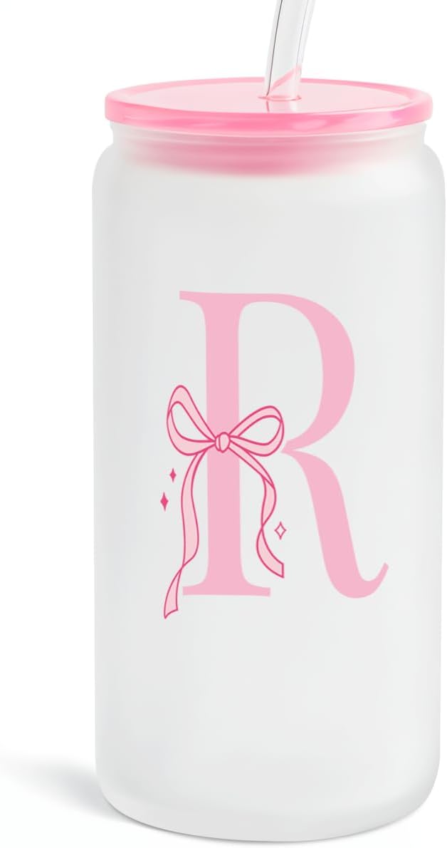 SANDJEST Monogrammed Glass Drinking Can Cup with Acrylic Lid and Straw, Personalized Frosted Iced Coffee Tumbler 16oz, Monogram Initial Gifts for Women Girls on Birthday (R)