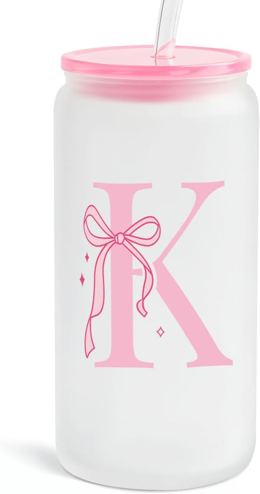 SANDJEST Monogrammed Glass Drinking Can Cup with Acrylic Lid and Straw, Personalized Frosted Iced Coffee Tumbler 16oz, Monogram Initial Gifts for Women Girls on Birthday (K)