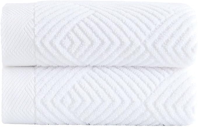 sense gnosis White Hand Towel Set of 2 Terry Striped Weave Pattern Ultra Absorbent Super Soft 100% Cotton Hand Towel for Bathroom 13 X 29 Inch