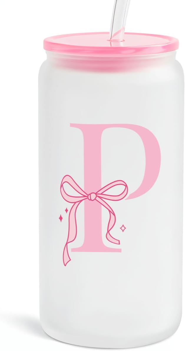 SANDJEST Monogrammed Glass Drinking Can Cup with Acrylic Lid and Straw, Personalized Frosted Iced Coffee Tumbler 16oz, Monogram Initial Gifts for Women Girls on Birthday (P)