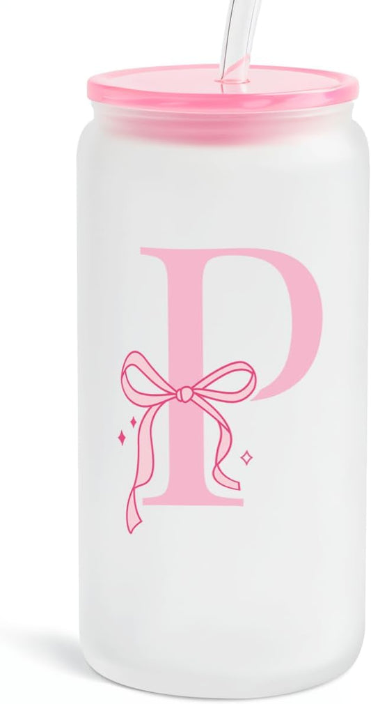 SANDJEST Monogrammed Glass Drinking Can Cup with Acrylic Lid and Straw, Personalized Frosted Iced Coffee Tumbler 16oz, Monogram Initial Gifts for Women Girls on Birthday (P)