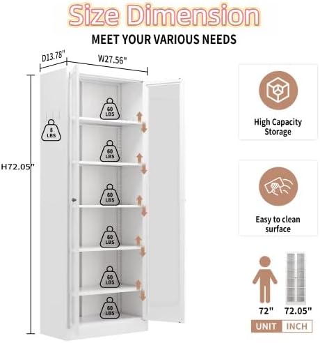 72'' Storage Cabinet, 5 Adjustable Shelves Kitchen Pantry with 2 Glass Doors, Tall White Metal Storage Cabinet with External Hooks, Freestanding Heavy-Duty Pantry for Kitchen