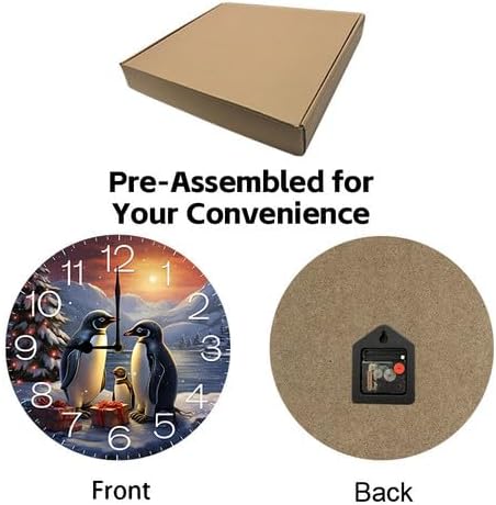 Christmas Tree and Penguins Wall Clock Large Silent Non-Ticking Battery Operated Modern Clocks for Living Room Decor/Bedroom/Office (12x12 in)