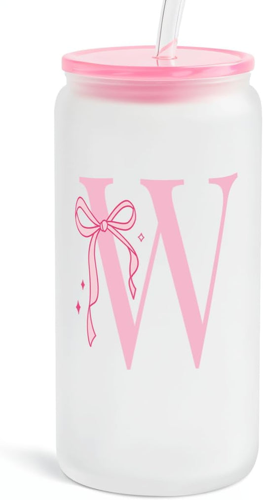 SANDJEST Monogrammed Glass Drinking Can Cup with Acrylic Lid and Straw, Personalized Frosted Iced Coffee Tumbler 16oz, Monogram Initial Gifts for Women Girls on Birthday (W)