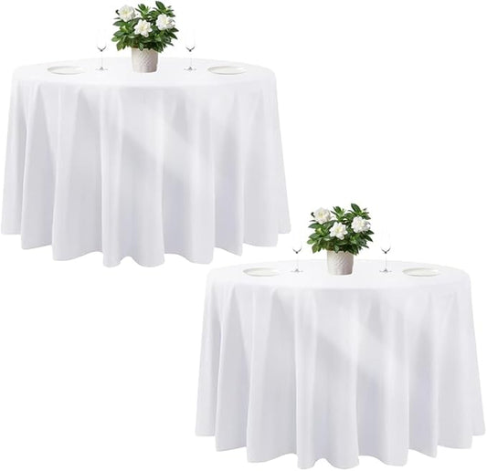 Cuckan 120 Inch Round Tablecloth, 2 Pack White Stain Resistant and Wrinkle-Free Polyester Table Cover for Wedding, Banquet, Party, Restaurant– [White], [2-Pack]
