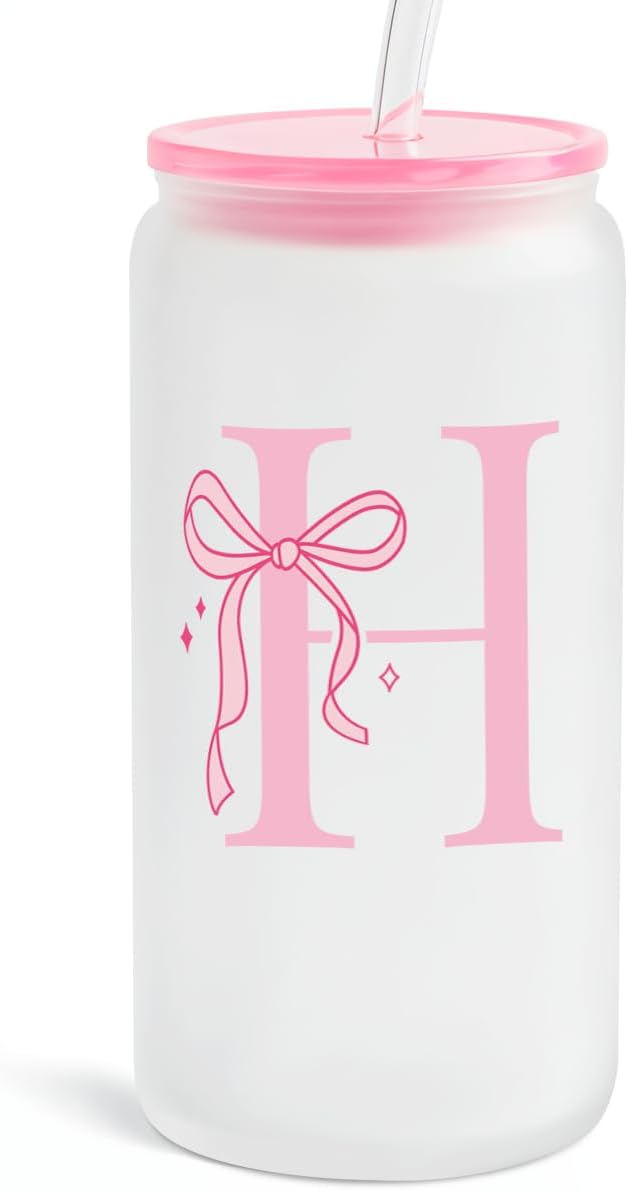 SANDJEST Monogrammed Glass Drinking Can Cup with Acrylic Lid and Straw, Personalized Frosted Iced Coffee Tumbler 16oz, Monogram Initial Gifts for Women Girls on Birthday (H)