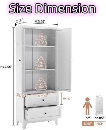 72'' Storage Cabinet, 2 Adjustable Shelves Kitchen Pantry with 2 Drawers, Tall White Metal Storage Cabinet with External Hooks, Modern Freestanding Heavy-Duty Pantry for Kitchen