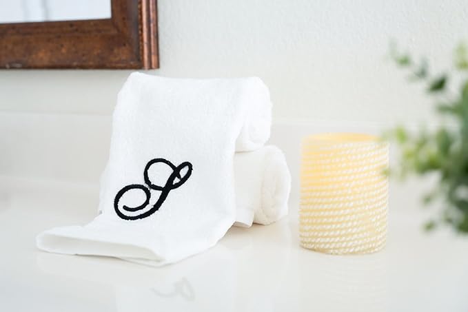 White Monogrammed Hand Towels for Bathroom - Luxury Hotel Quality Personalized Initial Embroidered Towel for Powder Room, Spa - GOTS Organic Certified - Pack of 2 Black, Letter S