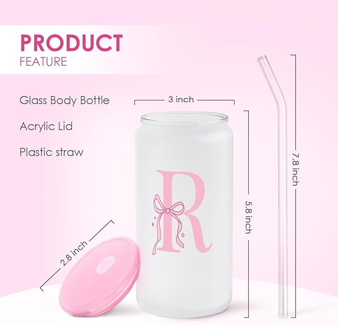SANDJEST Monogrammed Glass Drinking Can Cup with Acrylic Lid and Straw, Personalized Frosted Iced Coffee Tumbler 16oz, Monogram Initial Gifts for Women Girls on Birthday (R)