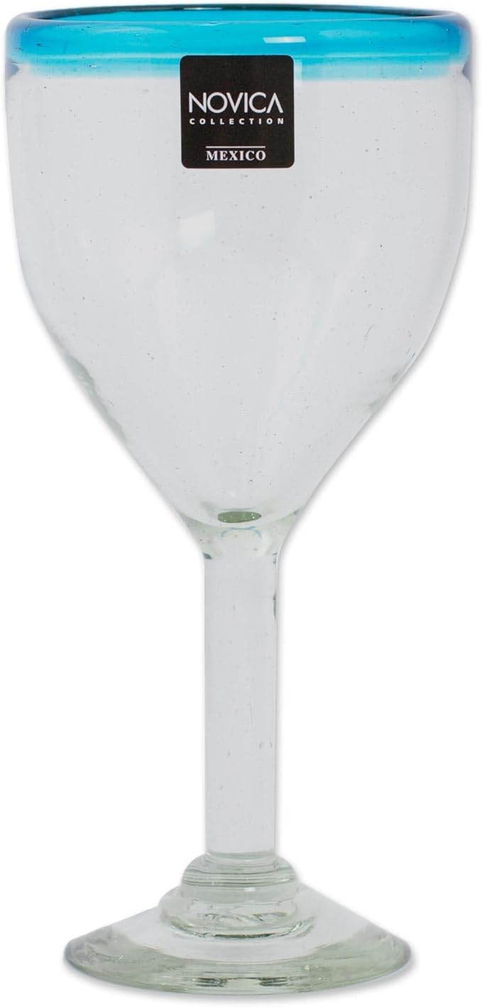 NOVICA Artisan Handblown Glass Wine Glasses Clear with Aqua Rim 8 Oz Set of 6 Blue Mexico Tableware Drinkware Recycled Eco Friendly [ 7.75in H x 3.7in Diam. 11 Oz.] ' Aquamarine Kiss' Set of 6