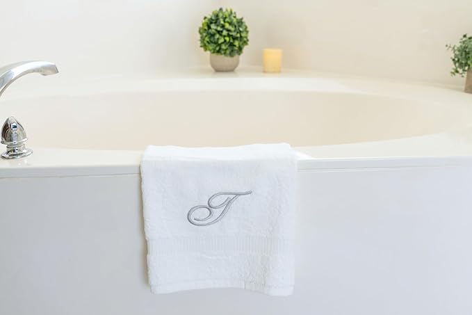 White Monogrammed Hand Towels for Bathroom - Luxury Hotel Quality Personalized Initial Embroidered Towel for Powder Room, Spa - GOTS Organic Certified - Pack of 2 Silver, Letter T