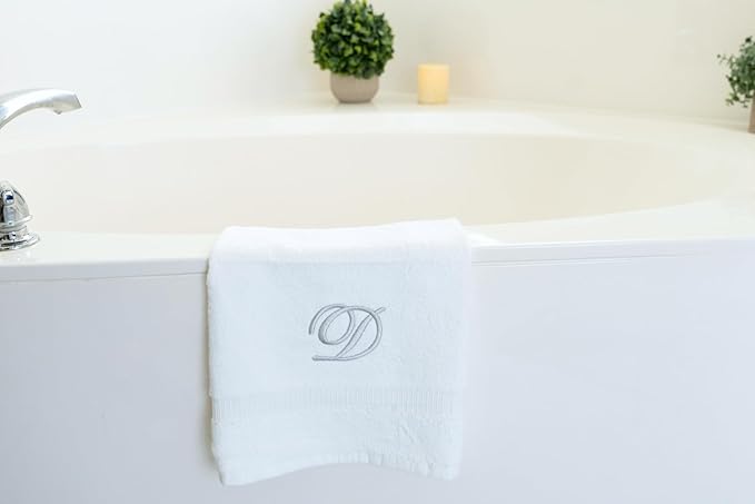 White Monogrammed Hand Towels for Bathroom - Luxury Hotel Quality Personalized Initial Embroidered Towel for Powder Room, Spa - GOTS Organic Certified - Set of 2 Silver Letter D