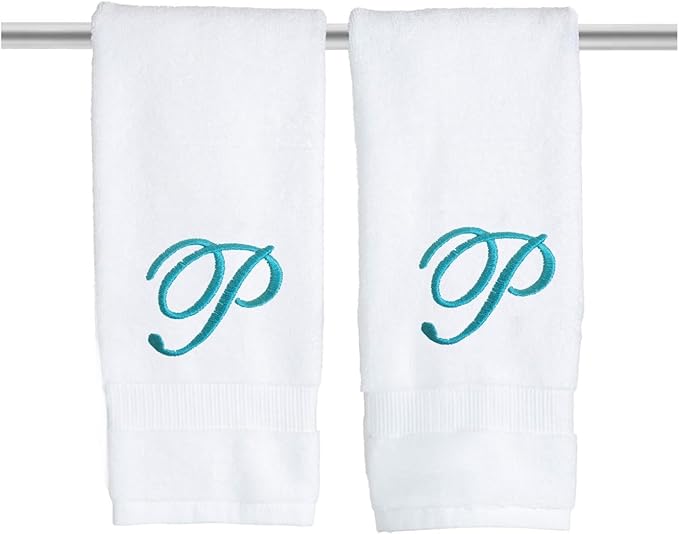 White Monogrammed Hand Towels for Bathroom - Luxury Hotel Quality Personalized Initial Embroidered Towel for Powder Room, Spa - GOTS Organic Certified - Set of 2 Teal Letter P