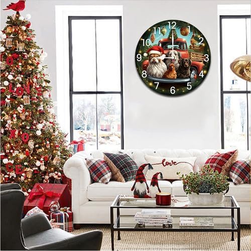 Christmas Dogs Chicken Truck Wall Clock Large Silent Non-Ticking Battery Operated Modern Clocks for Living Room Decor/Bedroom/Office (10x10 in)