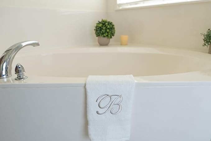 White Monogrammed Hand Towels for Bathroom - Luxury Hotel Quality Personalized Initial Embroidered Towel for Powder Room, Spa - GOTS Organic Certified - Pack of 2 Silver, Letter B