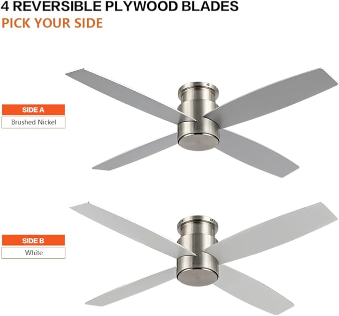 WINGBO 44" Flush Mount DC Ceiling Fan without Lights, 4 Reversible Plywood Blades, Quiet 6-Speed DC Motor, Hugger Low Profile Ceiling Fan No Lights for Bedroom, Brushed Nickel Finish