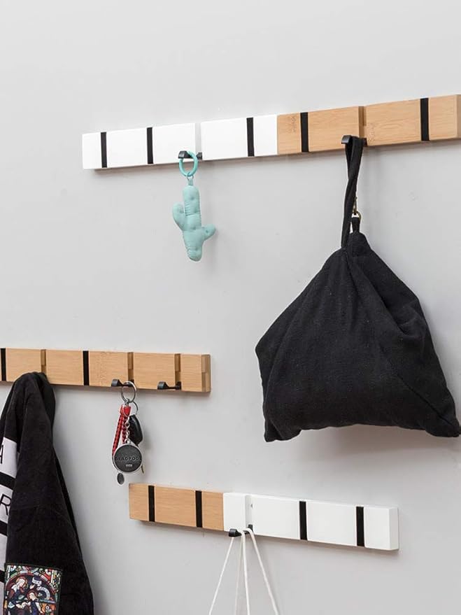 Wall Mounted Coat Rack with Foldable Hooks - Modern Space-Saving Wooden Entryway Organizer for Coats, Bags, Hats, Keys (4 Hooks, White)
