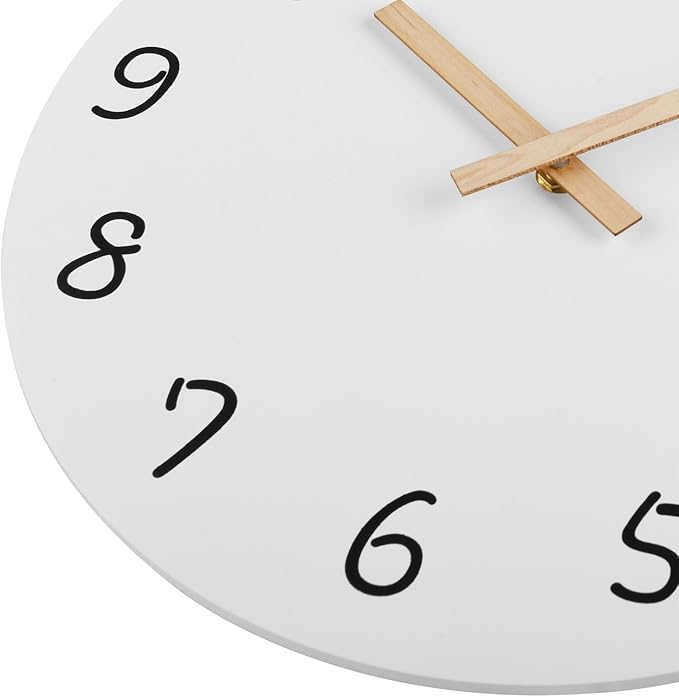 Plumeet 16'' Extra Large Wall Clock Frameless Wooden Clocks with Silent Quartz Movement - Modern Style Village Wall Clocks Decorative Home Kitchen - Battery Operated (White)