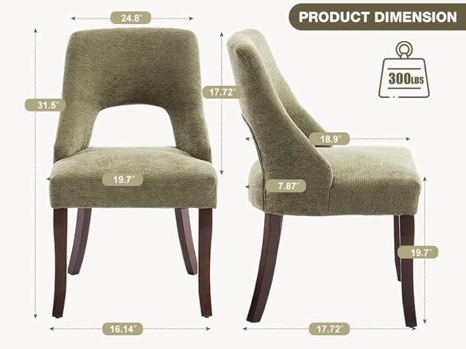UVV Wooden Dining Chairs Set of 2, Mid Century Modern Chenille Upholstered Dining Room Chair Kitchen Chairs, Farmhouse Dinner Chair with Solid Wood Legs for Kitchen Dining Room, Green
