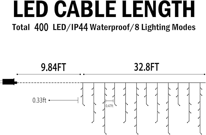 Hezbjiti Outdoor Christmas Lights, 400LED Ice Lights 33FT LED Fairy String Lights with 8 Modes and 75 Drops for Eaves, Party, Yard, Garden Decor（Warm White）