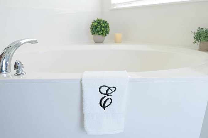 White Monogrammed Hand Towels for Bathroom - Luxury Hotel Quality Personalized Initial Embroidered Towel for Powder Room, Spa - GOTS Organic Certified - Set of 2 Black Letter E