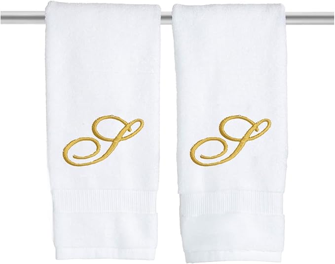 White Monogrammed Hand Towels for Bathroom - Luxury Hotel Quality Personalized Initial Embroidered Towel for Powder Room, Spa - GOTS Organic Certified - Pack of 2 Gold, Letter S
