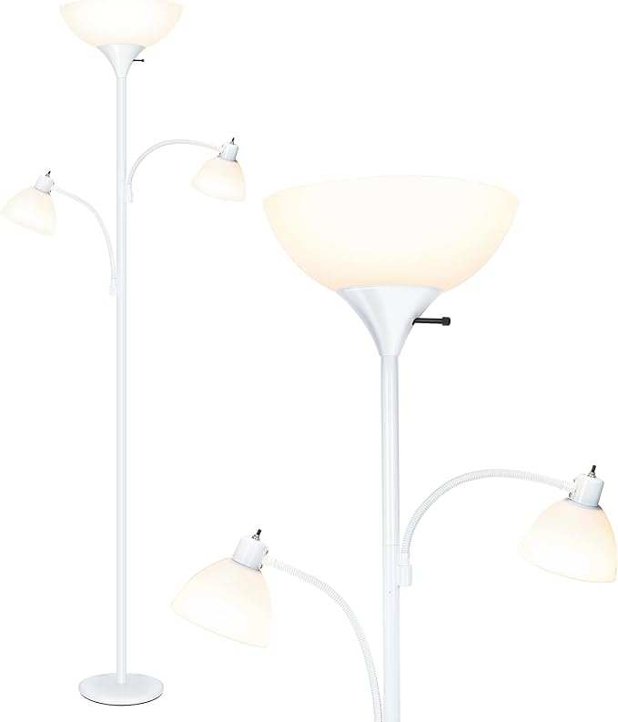 Brightech Sky Dome Double – High Brightness Torchiere Floor Lamp with 2 Reading Lights for Living Rooms, Bedrooms – Replace Halogen Standing Lamps with Efficient LED Office Lighting - Tall White Pole