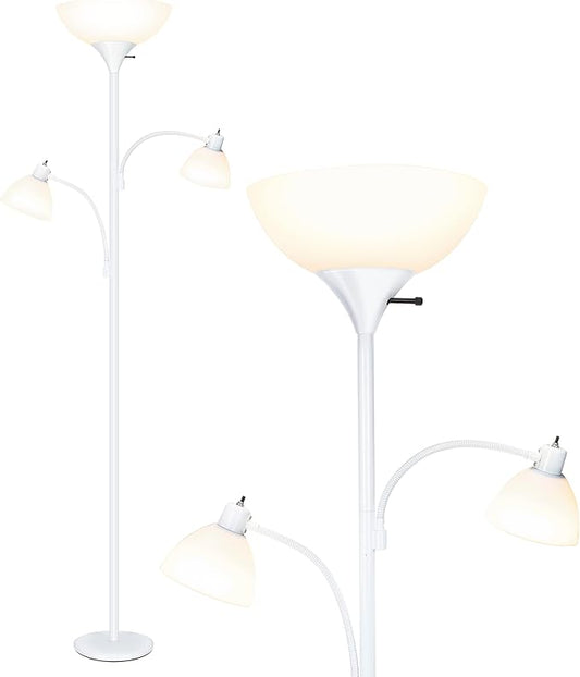 Brightech Sky Dome Double – High Brightness Torchiere Floor Lamp with 2 Reading Lights for Living Rooms, Bedrooms – Replace Halogen Standing Lamps with Efficient LED Office Lighting - Tall White Pole