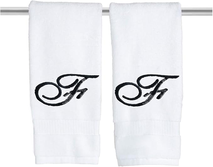 White Monogrammed Hand Towels for Bathroom - Luxury Hotel Quality Personalized Initial Embroidered Towel for Powder Room, Spa - GOTS Organic Certified - Set of 2 Black Letter F