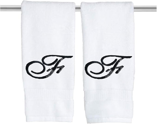 White Monogrammed Hand Towels for Bathroom - Luxury Hotel Quality Personalized Initial Embroidered Towel for Powder Room, Spa - GOTS Organic Certified - Set of 2 Black Letter F