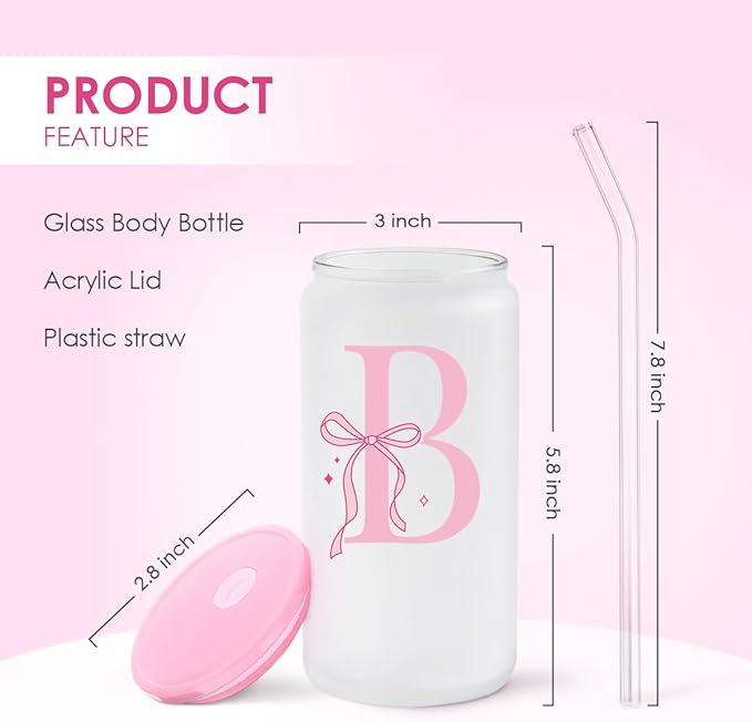 SANDJEST Monogrammed Glass Drinking Can Cup with Acrylic Lid and Straw, Personalized Frosted Iced Coffee Tumbler 16oz, Monogram Initial Gifts for Women Girls on Birthday (B)
