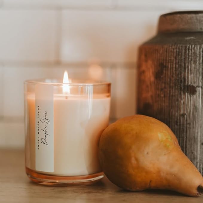 Sweet Water Decor Pumpkin Spice Candle, 12oz Sandstone Glass Jar, Autumn Scented Notes of Pumpkin, Cloves, & Buttercream, 50+ Hour Burn Time, Non-Toxic Soy Wax Blend, Poured in The USA, Cotton Wick
