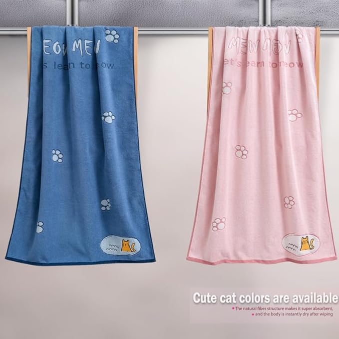 Ultra Soft Cotton Cat Bath Towel - Large 59x29 Meow Print & Cat Paw, Quick Dry Absorbent,for Shower, Beach, Pool & Travel. Blue.