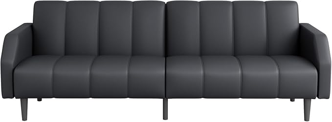 Fadware Faux Leather Couch, Convertible Futon Sofa Bed with Adjustable Backrest, Mid Century Leather Sofa Loveseat with Side Pockets& Metal Leg, Modern Leather Sleeper Sofa for Living Room Bedroom