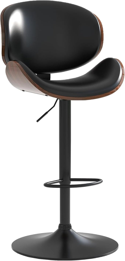 Adjustable Swivel Bar Stools 1 PC, Modern Bentwood Barstool with Large Metal Base and Footrest, PU Leather Upholstered Bar Chair with Curved Back for Kitchen Island Dining Room, Black