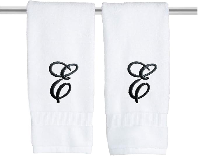 White Monogrammed Hand Towels for Bathroom - Luxury Hotel Quality Personalized Initial Embroidered Towel for Powder Room, Spa - GOTS Organic Certified - Set of 2 Black Letter E