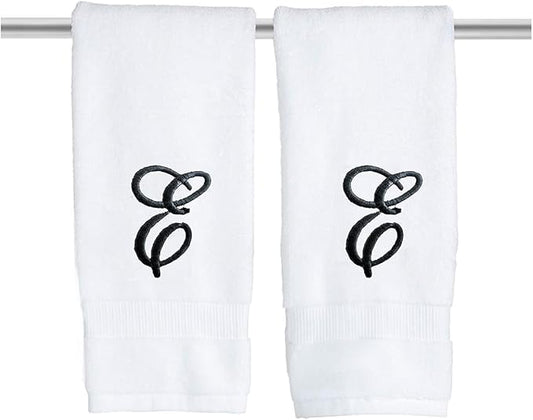 White Monogrammed Hand Towels for Bathroom - Luxury Hotel Quality Personalized Initial Embroidered Towel for Powder Room, Spa - GOTS Organic Certified - Set of 2 Black Letter E