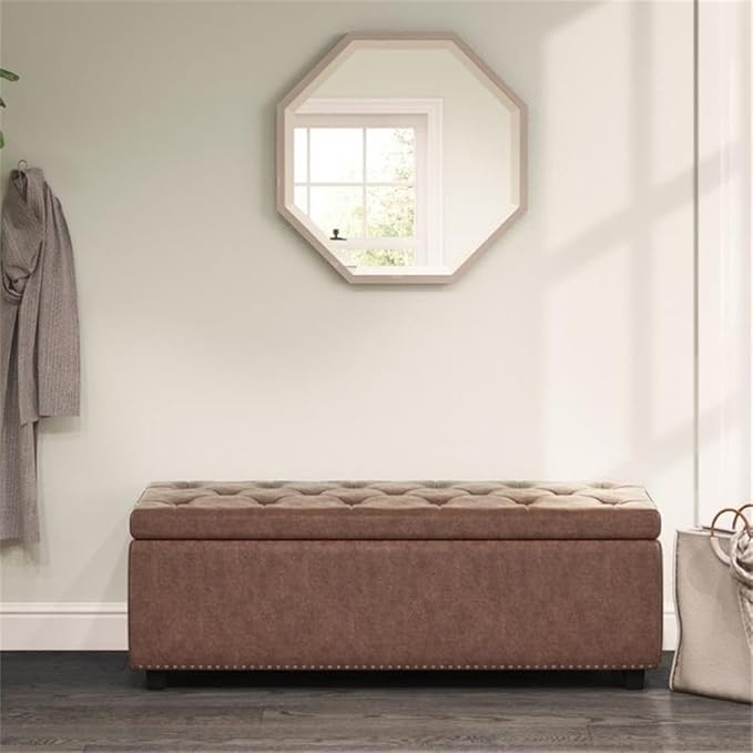 48"W Leather Storage Ottoman Bench with Lift Top, Nail Head Trim, Footrest with Large Storage Space, Distressed Brown Storage Chest, Queen Size End of Bed Bench with Hidden Space for Blankets